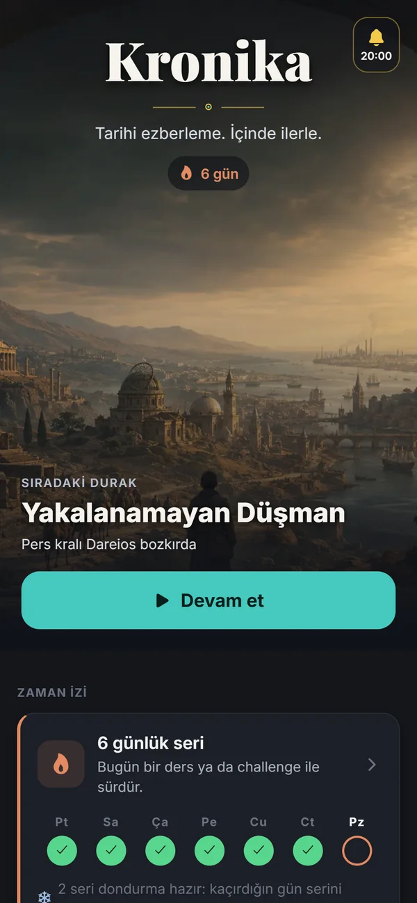 Kronika ana sayfası: sıradaki ders, günlük seri ve günün meydan okuması